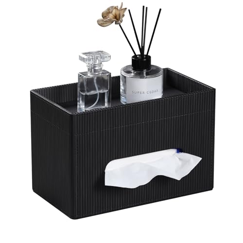 Cretkhp Tissue Box Cover Rectangle with Storage Tray PU Leather Tissue Holder for Bathroom Vanity Countertop Night Stands Bedroom Office Desk Stylish Rectangular Tissue Box Holder Black - Image 1
