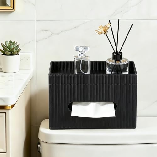 Cretkhp Tissue Box Cover Rectangle with Storage Tray PU Leather Tissue Holder for Bathroom Vanity Countertop Night Stands Bedroom Office Desk Stylish Rectangular Tissue Box Holder Black - Image 3