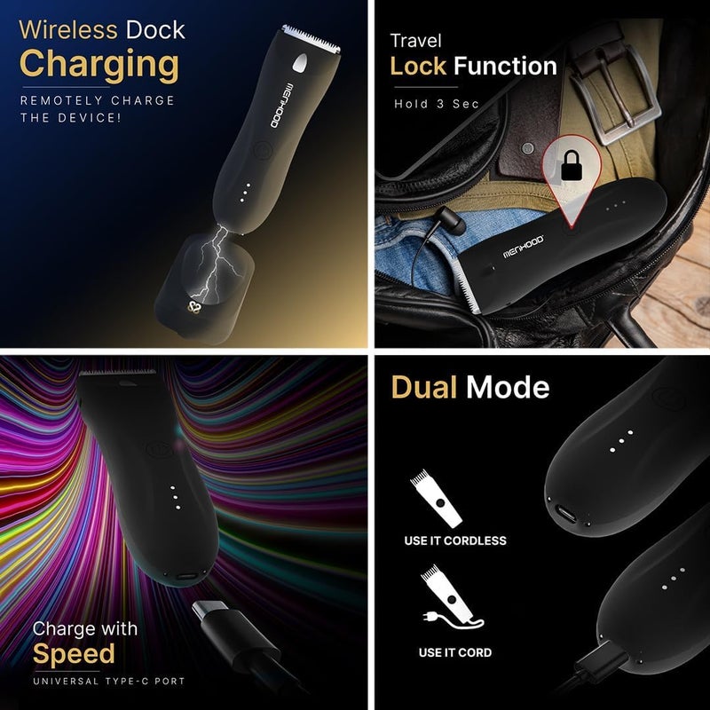 MENHOOD Balls and Body Grooming Trimmer 1.0 Pro for Men, IPX7 Waterproof, Wireless Charging with Type C Support & 150 Min Runtime, 4000K LED Light, Ceramic Blades for Below the Belt Grooming (Black) - Image 4