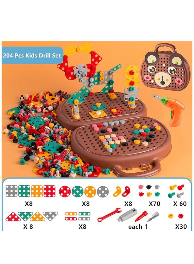 Magic Montessori Screw and Drill Puzzle Toy Set,Kids Screwdriver Toy Set,204Pcs Educational Construction Building kit,2D/3D Creativity Tool Educational Toys Gift for Age 3-12 Years Old Boys Girls(Brown Bear) - Image 1