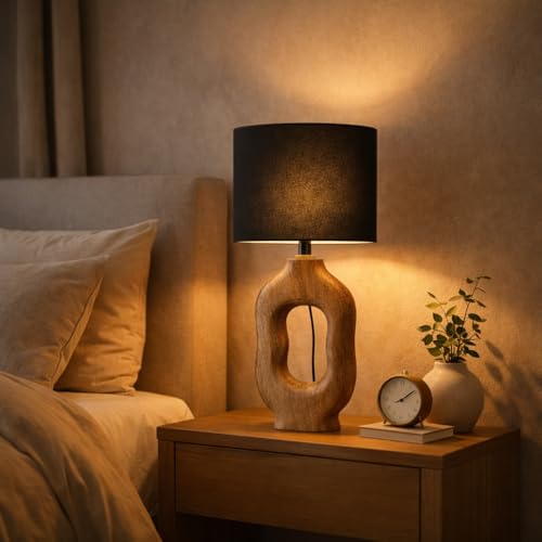 tu casa Wooden Table Lamp with Black Satin Shade | Modern Bedside & Night Lamp for Bedroom, Living Room, Home Décor & Gifting - Image 2