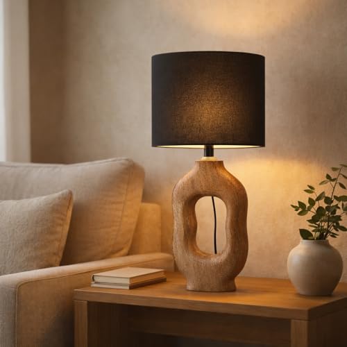 tu casa Wooden Table Lamp with Black Satin Shade | Modern Bedside & Night Lamp for Bedroom, Living Room, Home Décor & Gifting - Image 1