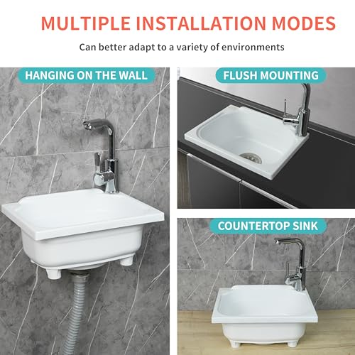 shawoo kitchen Single Bowl Utility Sink, Kitchen Wall-Mounted Sink 15.1 x 11.2 Inch With 1.26 inch faucet hole, Plastic rv sink for Home, Restaurant, Dorm, Garage, Bathroom,Laundry (white, 15.1*11.2*7.1) - Image 2