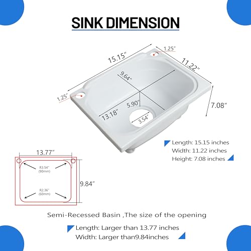 shawoo kitchen Single Bowl Utility Sink, Kitchen Wall-Mounted Sink 15.1 x 11.2 Inch With 1.26 inch faucet hole, Plastic rv sink for Home, Restaurant, Dorm, Garage, Bathroom,Laundry (white, 15.1*11.2*7.1) - Image 3