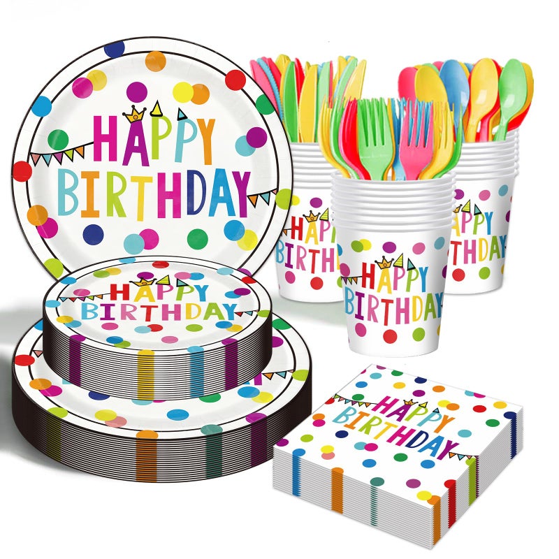 OUNIY Birthday Plates & Napkins Party supplies - 175Pcs Happy Birthday Paper Plates and Napkins Sets, Disposable Happy Birthday Dots Tableware Set for Boys Girls Party Decorations, Serves 25 - Image 1