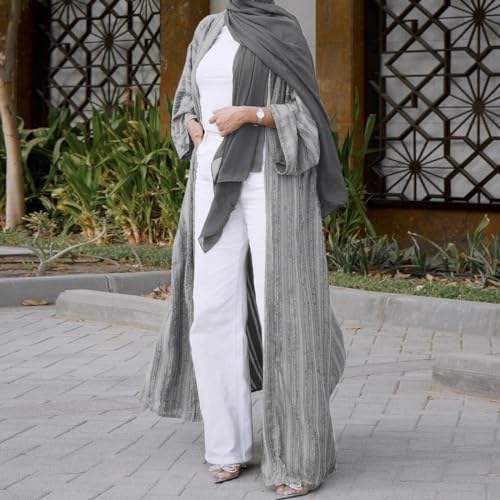 ODIZLI Eid Abayas Women Long Cardigan Robe Muslim Clothes Long Sleeve Stripe Open Front Kaftan Dress Loose Kimono Middle East Ethnic Shirts Dress Eid Ramadan Tight Knot Corban Silver Long Cardigan XL - Image 3