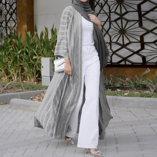ODIZLI Eid Abayas Women Long Cardigan Robe Muslim Clothes Long Sleeve Stripe Open Front Kaftan Dress Loose Kimono Middle East Ethnic Shirts Dress Eid Ramadan Tight Knot Corban Silver Long Cardigan XL - Image 4