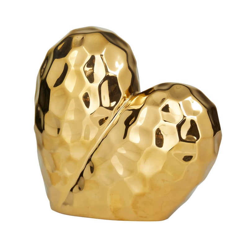 Deco 79 Porcelain Ceramic Heart Decorative Sculpture Dimensional Angled Origami Inspired Home Decor Statue Accent Figurine 12 x 6 x 11 Gold