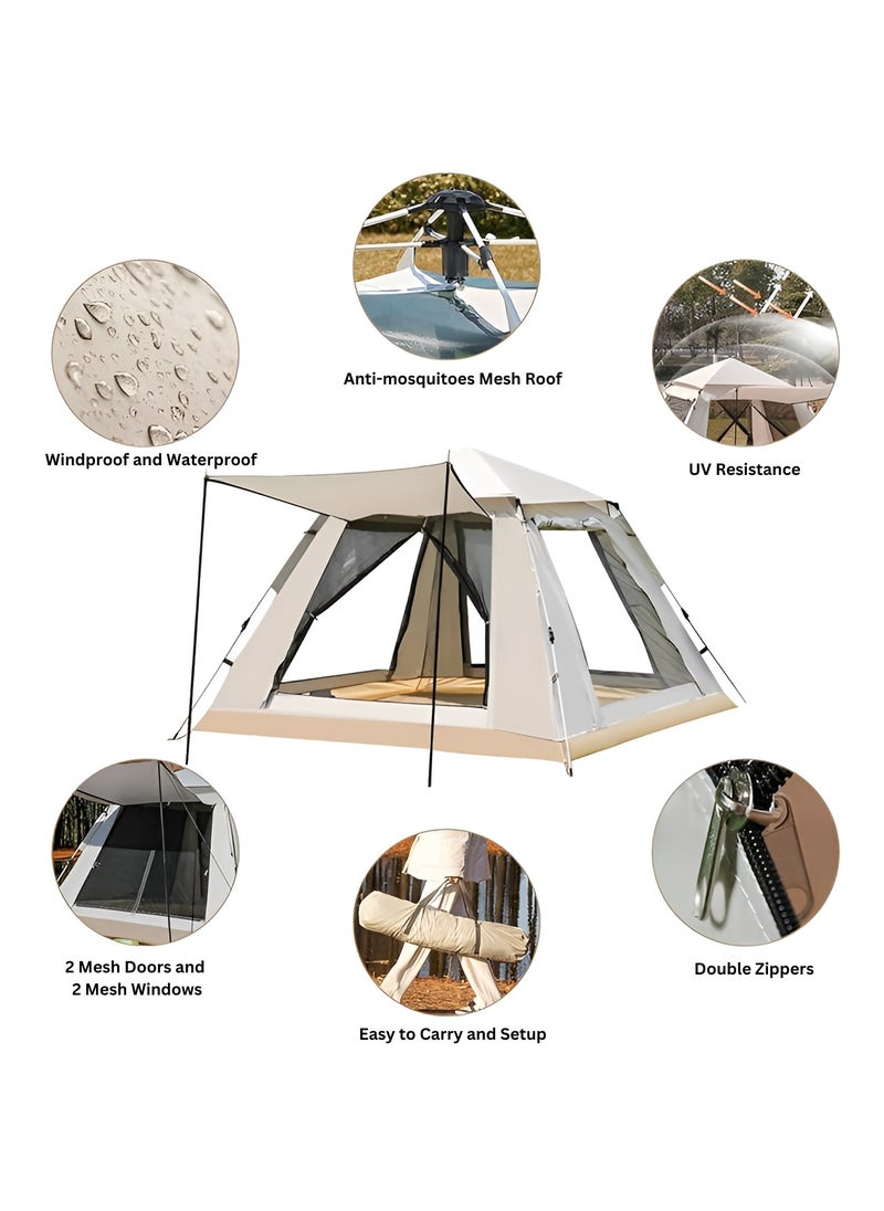 HEXAR - 6 Person Camping Tent Automatic Instant Pop-Up Tent Lightweight Portable Tent Outdoor Camping Waterproof Windproof Camping Tent And Mesh Windows 2 Doors With Carry Bag - Image 1