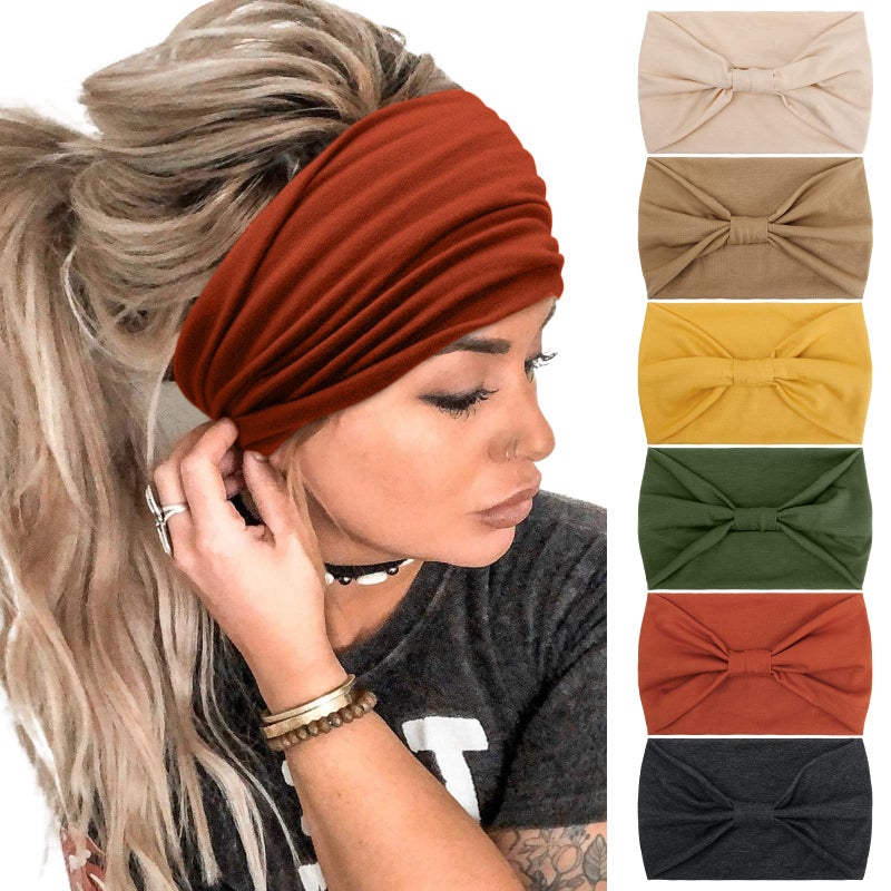 Tobeffect Wide Headbands for Women Wide Knotted Hairbands Turbans Non Slip Boho Head Wraps Hair Accessories for Girls Solid Color 6 Packs
