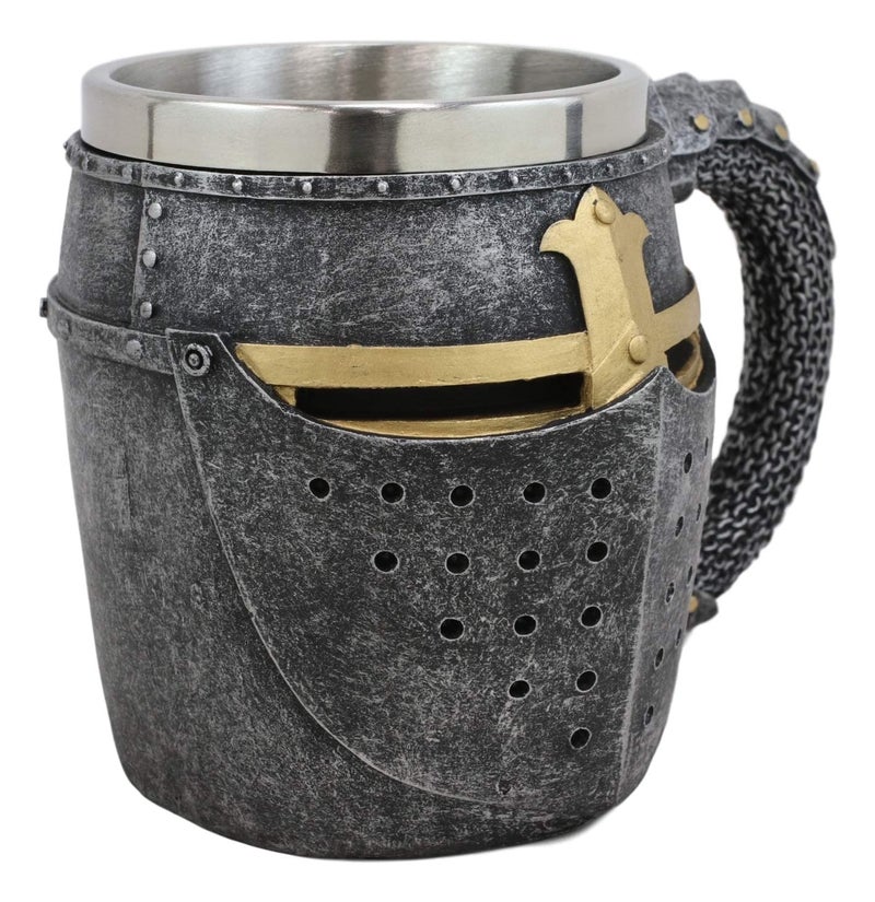 Ebros Gift Ebros Medieval Renaissance Crusader Knight Of The Cross Suit of Armor Helm Drinkware Serveware With Sculpted Chainmail Handle Stem Middle Ages Warrior Crusade War Decor (Wine Goblet Chalice) - Image 4
