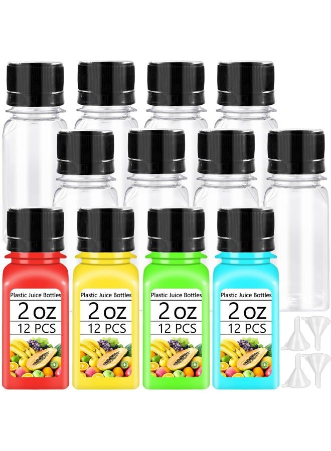 Haawooky 12 Pcs 2oz Small Shot Bottles with Black Caps,Plastic Ginger Shots Containers with 4 Funnels,Clear Empty Plastic Juice Bottles for Juice, Milk and Other Beverages - Image 1