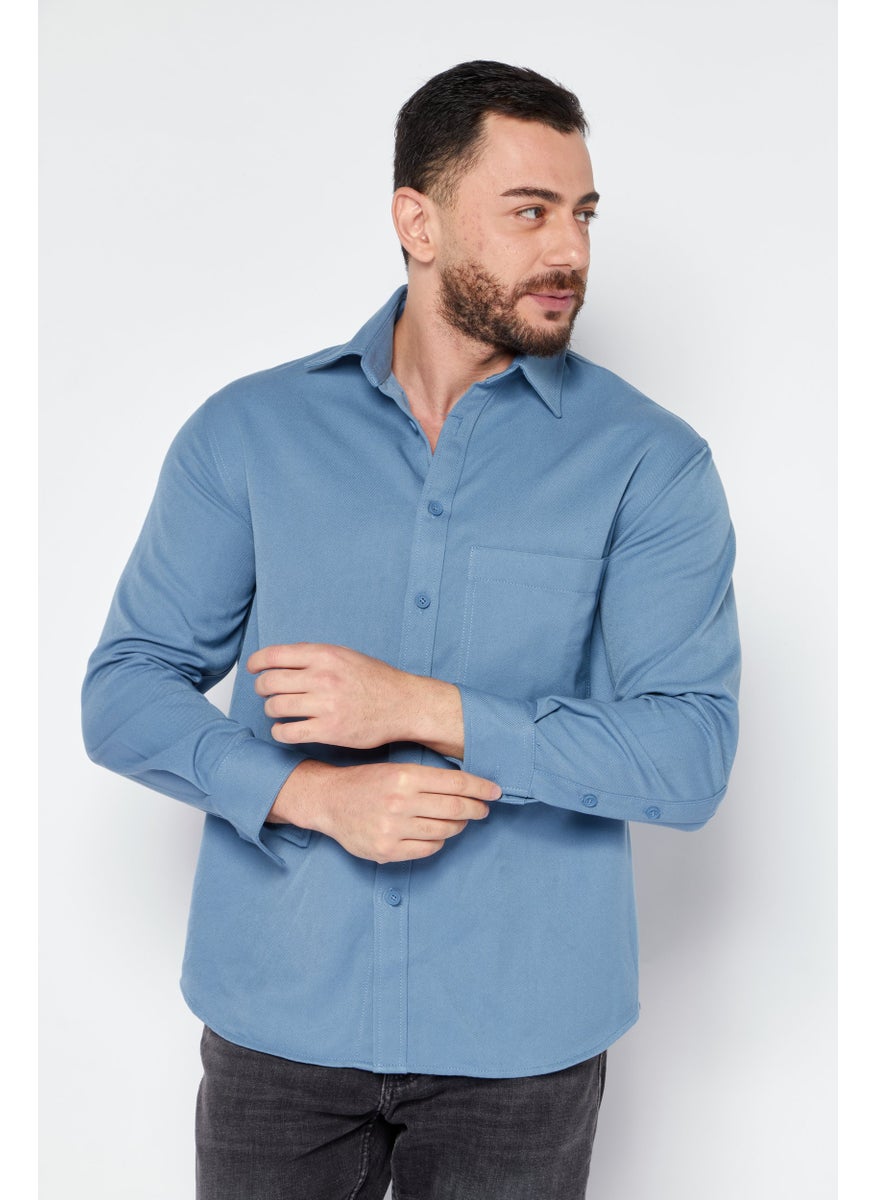 Selected Homme Men Regular Fit Textured Long Sleeves Casual Shirt, Blue  - Image 1