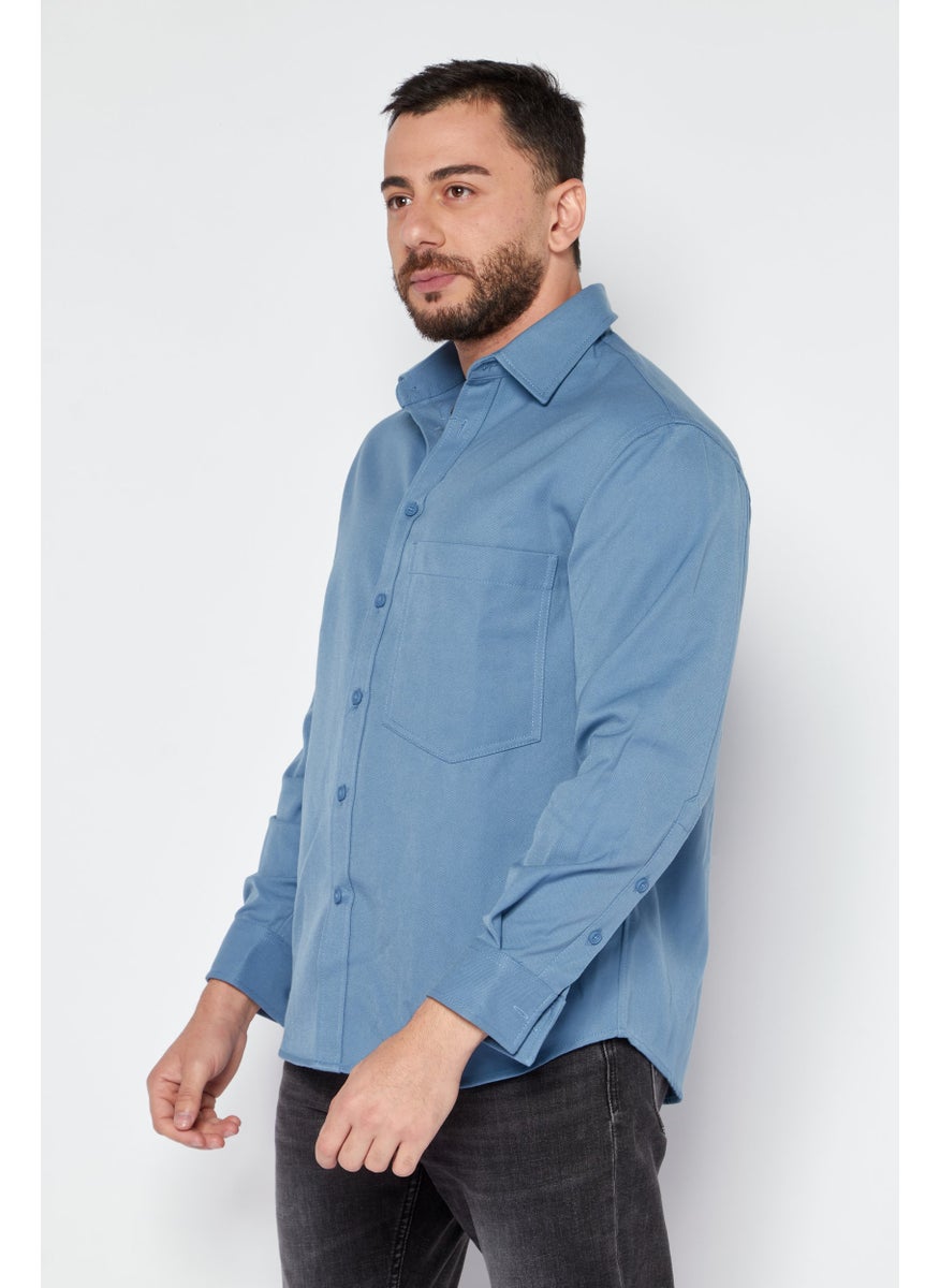 Selected Homme Men Regular Fit Textured Long Sleeves Casual Shirt, Blue  - Image 3
