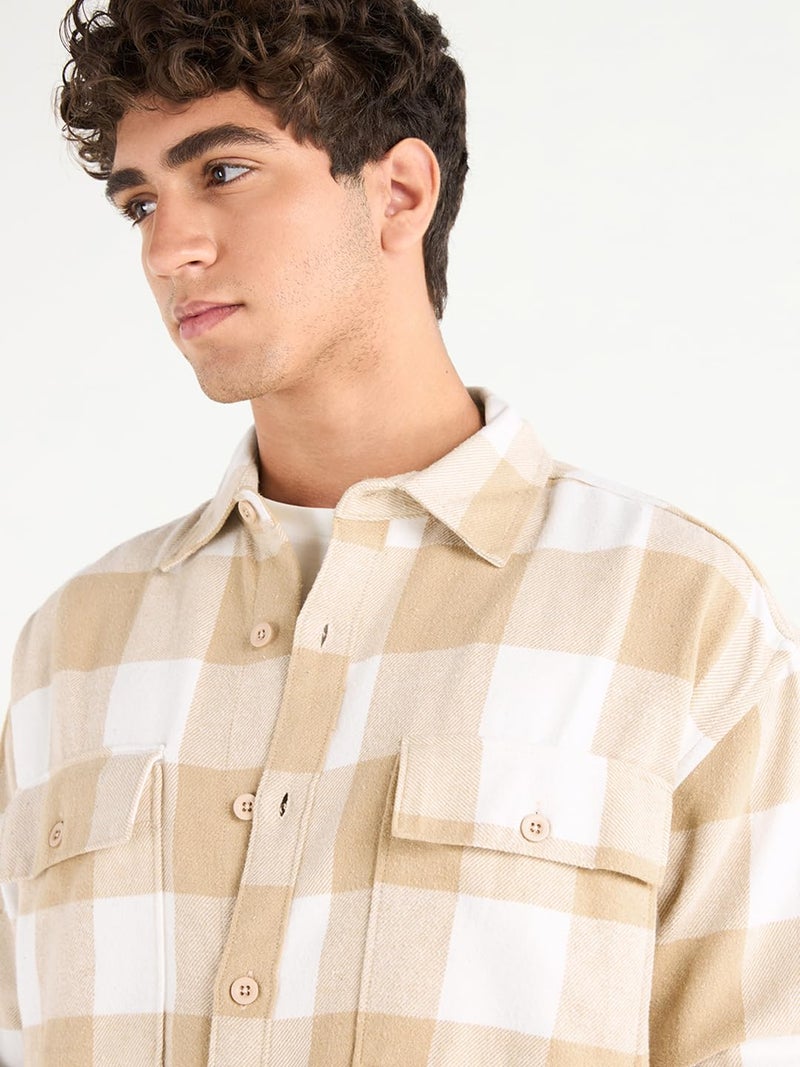 Bewakoof Men's Checked Oversized Fit Full Sleeve Collar Cotton Shirt_651169_Beige_L - Image 4