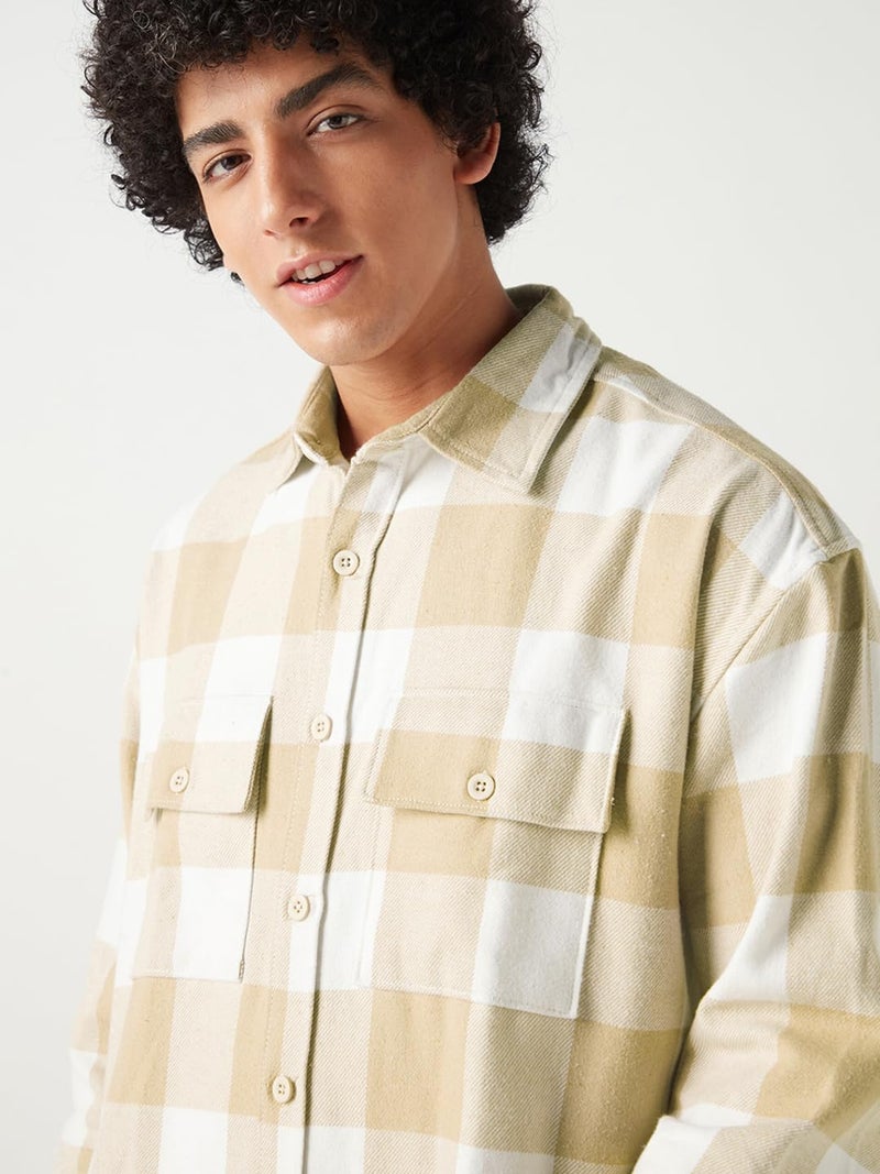 Bewakoof Men's Checked Oversized Fit Full Sleeve Collar Cotton Shirt_651169_Beige_L - Image 5