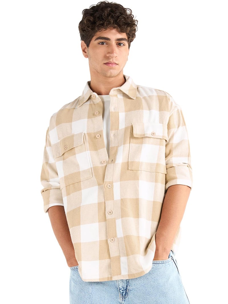 Bewakoof Men's Checked Oversized Fit Full Sleeve Collar Cotton Shirt_651169_Beige_L - Image 2