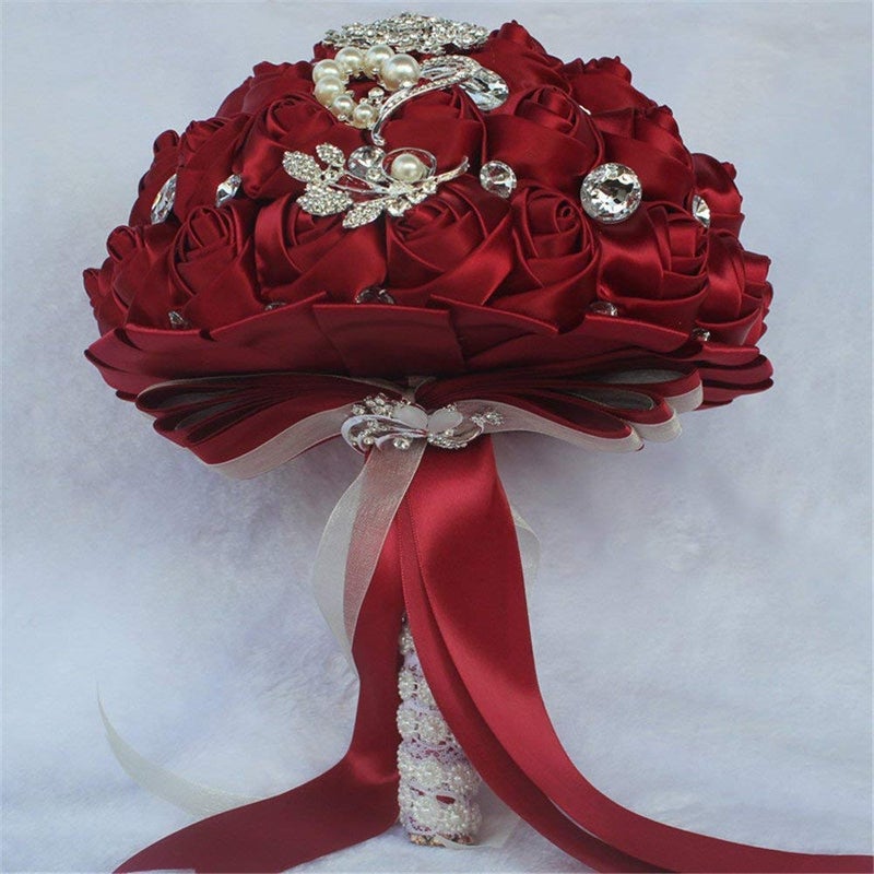 Flonding Wedding Bouquets Crystal Satin Rose Bride Bridal Bouquet Romantic Bridesmaid Holding Flower for Valentine's Day Confession Party Church Decor (Wine Red) - Image 4