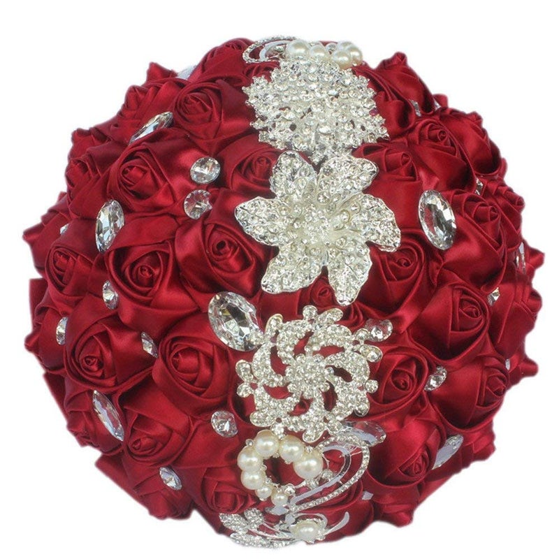 Flonding Wedding Bouquets Crystal Satin Rose Bride Bridal Bouquet Romantic Bridesmaid Holding Flower for Valentine's Day Confession Party Church Decor (Wine Red) - Image 1