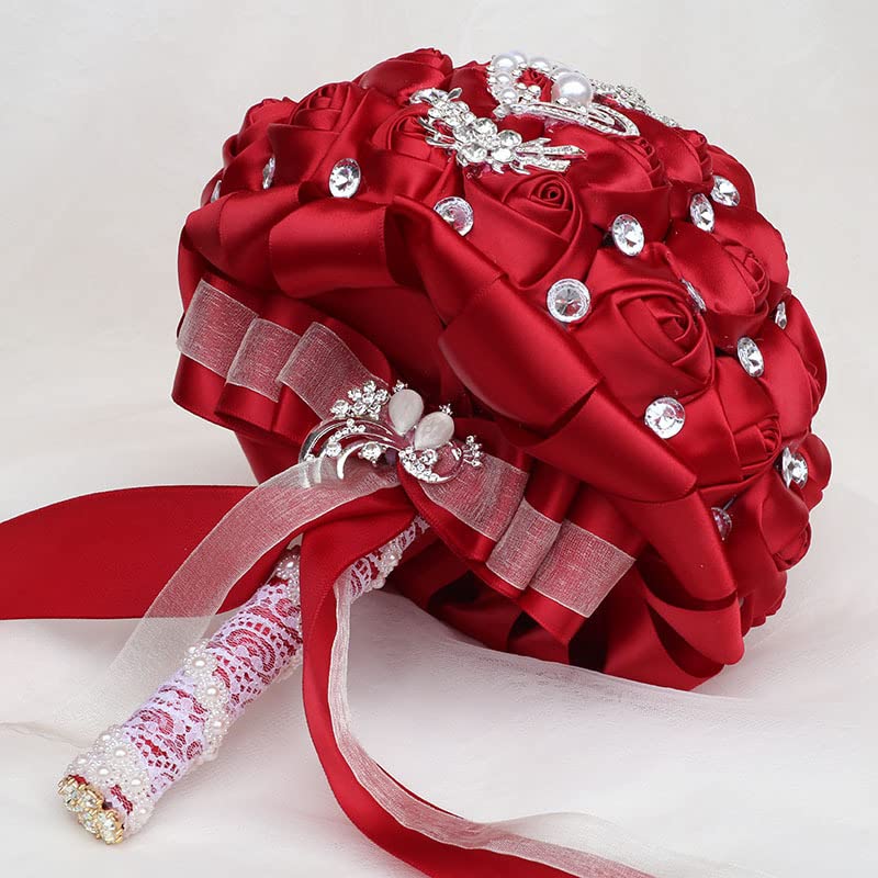 Flonding Wedding Bouquets Crystal Satin Rose Bride Bridal Bouquet Romantic Bridesmaid Holding Flower for Valentine's Day Confession Party Church Decor (Wine Red) - Image 3