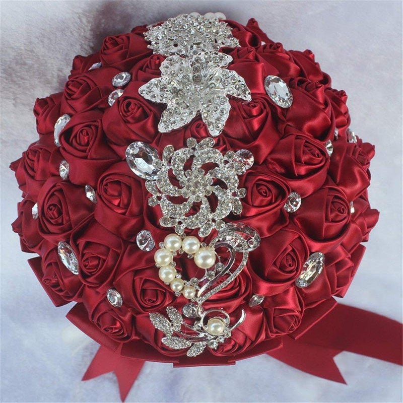 Flonding Wedding Bouquets Crystal Satin Rose Bride Bridal Bouquet Romantic Bridesmaid Holding Flower for Valentine's Day Confession Party Church Decor (Wine Red) - Image 5