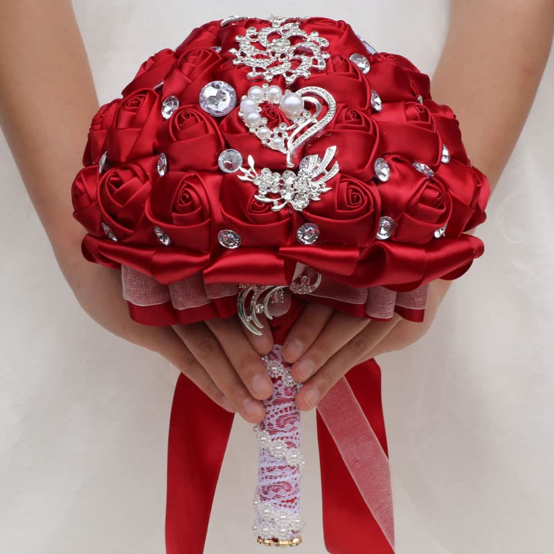 Flonding Wedding Bouquets Crystal Satin Rose Bride Bridal Bouquet Romantic Bridesmaid Holding Flower for Valentine's Day Confession Party Church Decor (Wine Red) - Image 2
