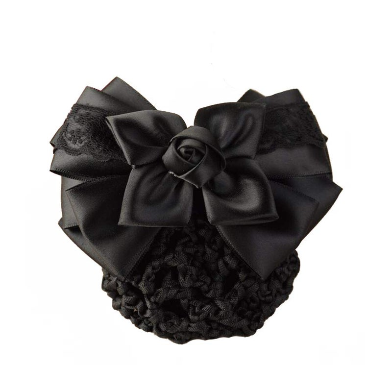 Women Hair Bun Cover Net Snood Hairnet Bowknot Decor Satin Bow Barrette French Hair Clip Bow Ribbon Flower Hair Accessories For Stewardess Banks Hotels Restaurant Staff Black