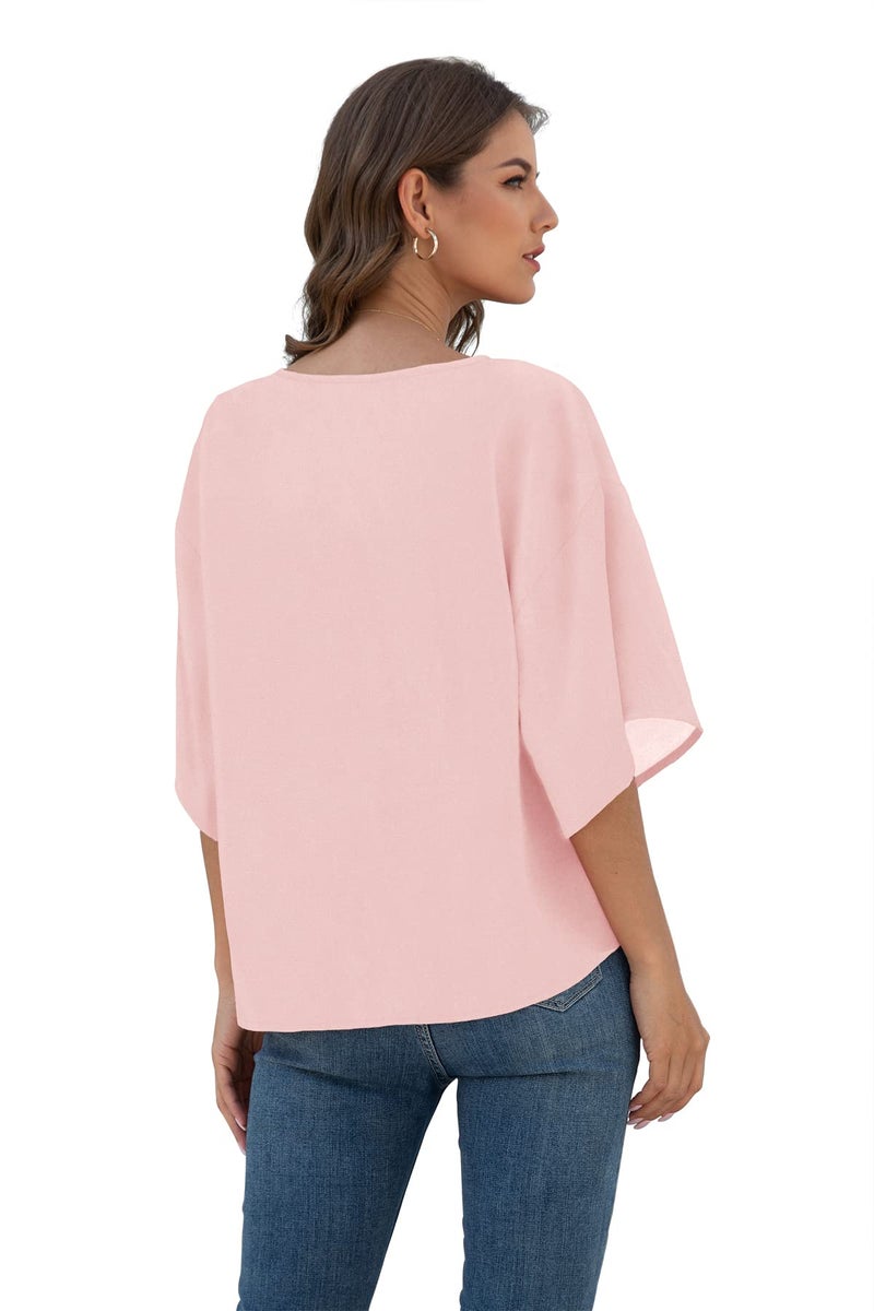 VIISHOW Women Bell Sleeve Shirt Tie Knot Casual Chiffon Blouses Tops, Pink, Large - Image 4