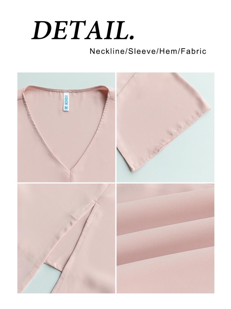 VIISHOW Women Bell Sleeve Shirt Tie Knot Casual Chiffon Blouses Tops, Pink, Large - Image 5