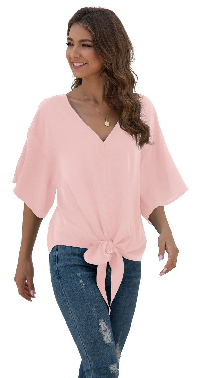 VIISHOW Women Bell Sleeve Shirt Tie Knot Casual Chiffon Blouses Tops, Pink, Large - Image 3