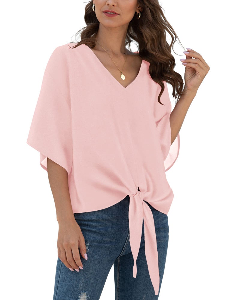 VIISHOW Women Bell Sleeve Shirt Tie Knot Casual Chiffon Blouses Tops, Pink, Large - Image 2