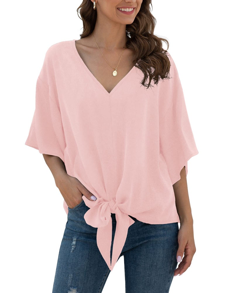 VIISHOW Women Bell Sleeve Shirt Tie Knot Casual Chiffon Blouses Tops, Pink, Large - Image 1