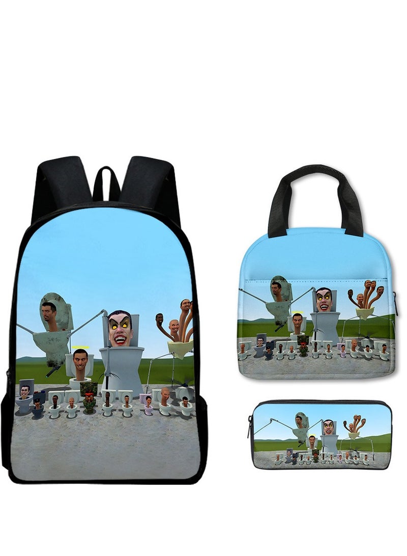 3 Piece Skibidi Toilet 3D Print Insulated Lunch Backpack Set Multicolour