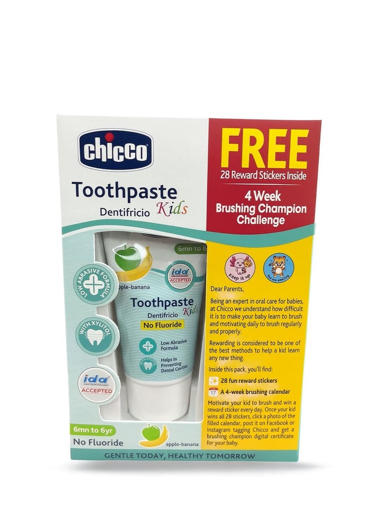 Chicco Toothpaste for Kids, Best for Baby (6m-6y), Apple-Banana Flavour, 50g | Fluoride-Free & Low Abrasive | Removes Plaque, Helps Prevent Cavities - Image 1