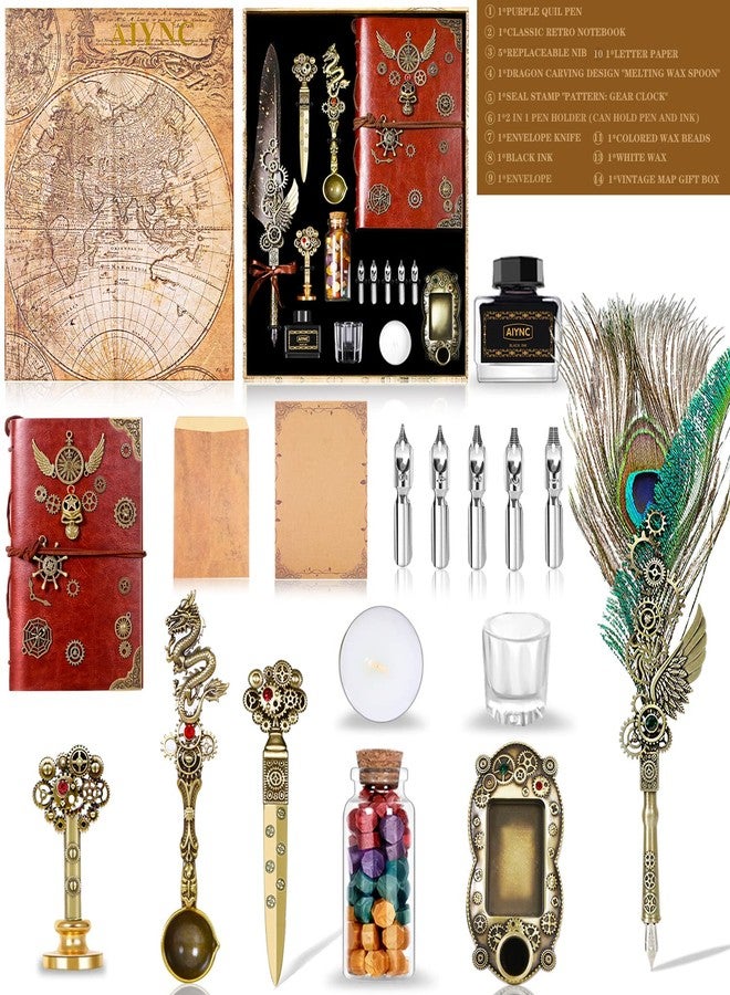 AIYNC Quill Pen and Ink Set, With Notebook Wax Seal Stamp Kit, Calligraphy Set for Writing Lovers, Valentine's Day and Birthday Gifts, Ideal for Holidays(Peacock Feather) - Image 2