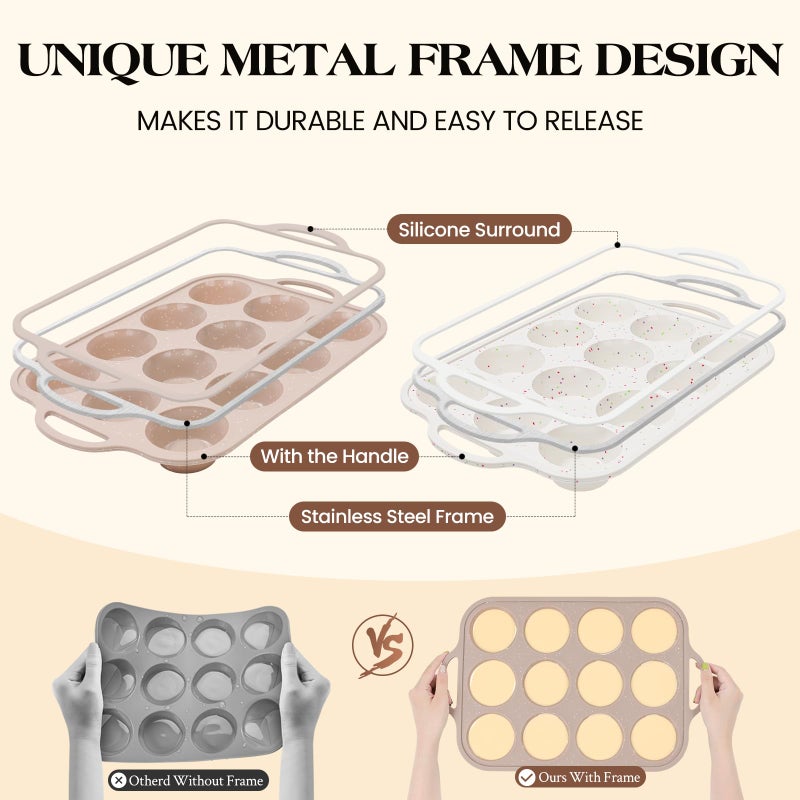 Vinino 2Pack Silicone Muffin Pans for Baking with Metal Reinforced Frame, 12 Cups Regular Size Nonstick Silicone Cupcake Pan, BPA Free Oven Dishwasher Safe Baking Mold for Muffins Cupcakes - Image 2