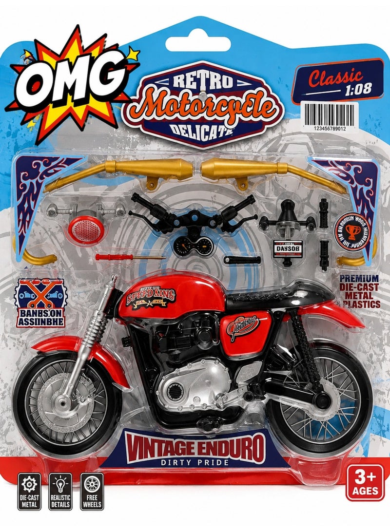 OMG Vintage Motorcycle Assembly Toy Set for Kids – DIY Motorbike Model Kit with Accessories, Creative Building Toy, Red/Black - Image 1