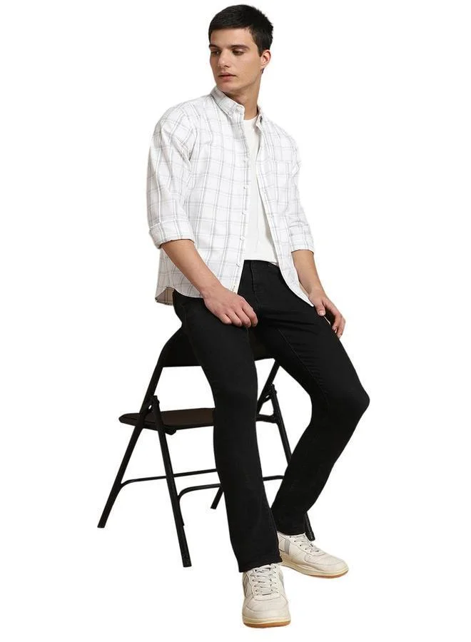 Dennis Lingo Men's White 100% Cotton Checkered Slim FiT-Shirt