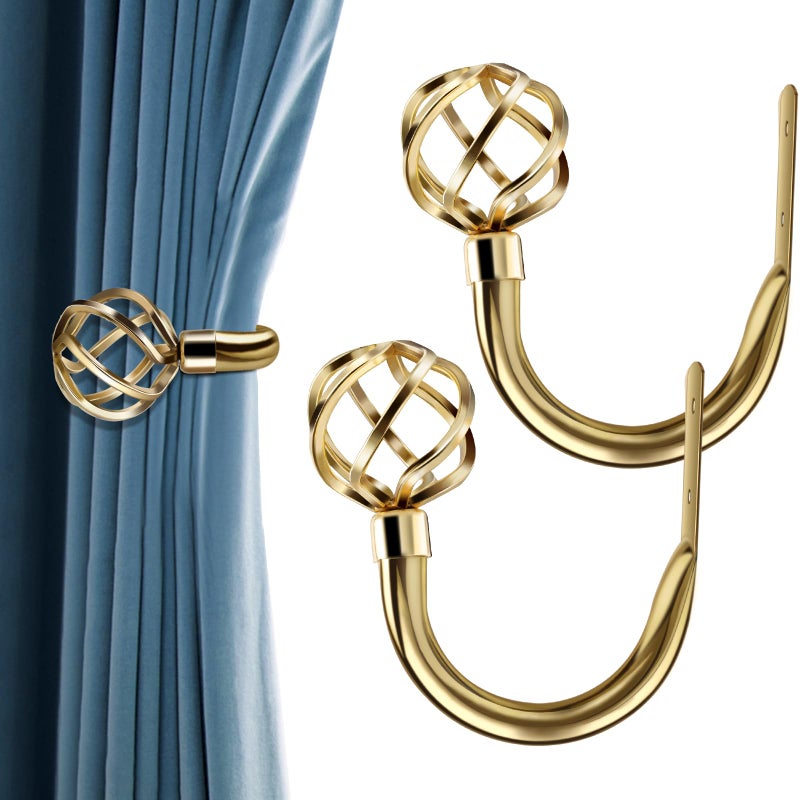 HIKMLK 2pcs Mirror Gold Curtain Holdbacks  High Gloss Geometric Metal Finish Wall Hooks for Luxe Drapes Tie Back