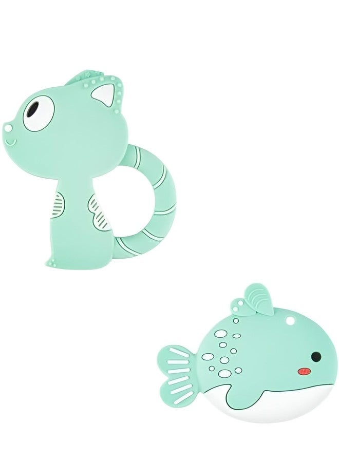 Rukan Teether 6 to 12 Months Baby Toys Soft Textured to Soothe Gums, Perfect for 3 to 6 Months BPA Free, Easy to Clean - NO Choke Design Squirrel-Fish (Green) 2-Pack - Image 1
