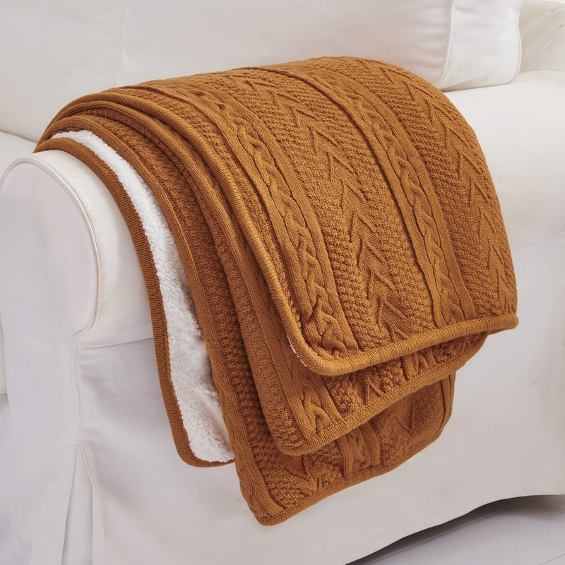 Longhui bedding Burnt Orange 50 x 63 Inches Acrylic Cable Knit Sherpa Throw Blanket - Thick, Soft, Big, Cozy Knitted Fleece Blankets for Couch, Sofa, Bed - Large Coverlet All Season - Image 5