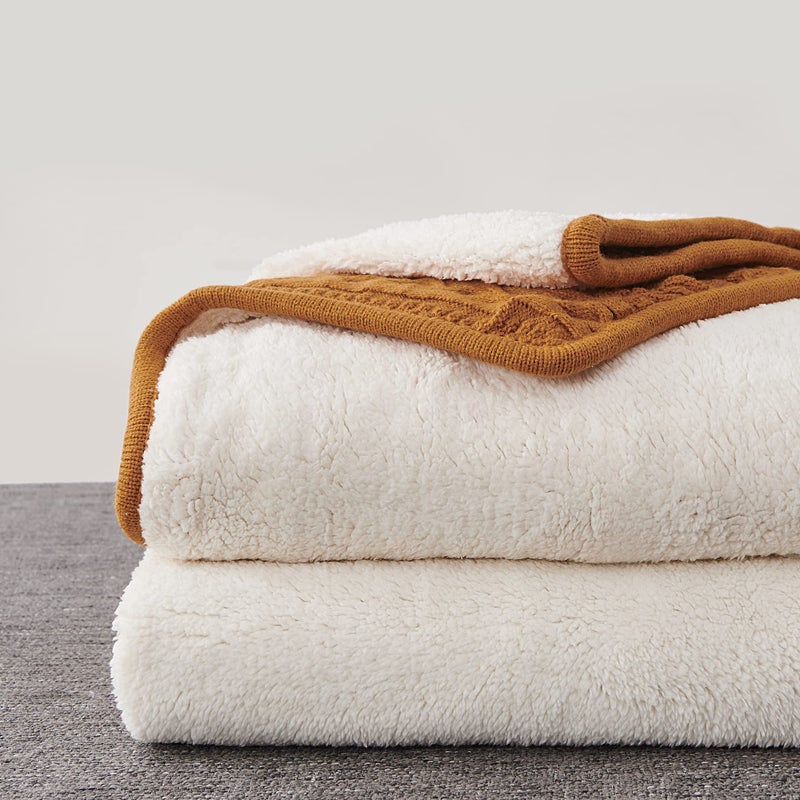 Longhui bedding Burnt Orange 50 x 63 Inches Acrylic Cable Knit Sherpa Throw Blanket - Thick, Soft, Big, Cozy Knitted Fleece Blankets for Couch, Sofa, Bed - Large Coverlet All Season - Image 2
