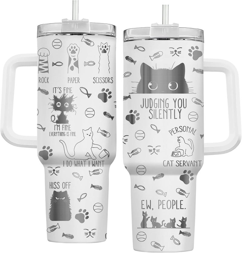 34HD Funny Black Cat Tumbler with Handle and Straw, 40oz Double Wall Vacuum Insulated Kitty Mug, Pet Gifts for Women Men, Cat Lover Gifts for Birthday Mothers Day Halloween Christmas - Image 1