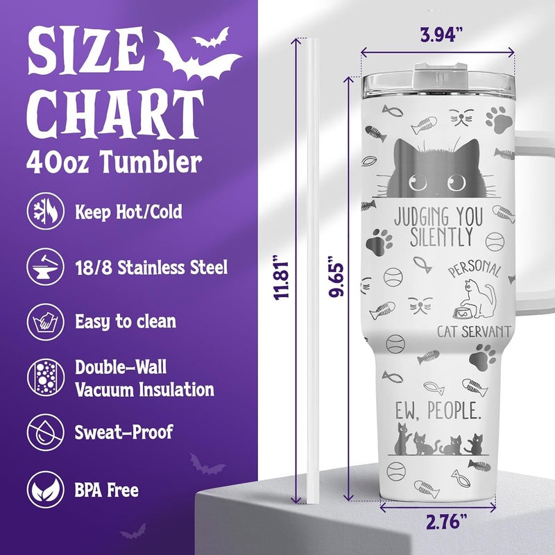 34HD Funny Black Cat Tumbler with Handle and Straw, 40oz Double Wall Vacuum Insulated Kitty Mug, Pet Gifts for Women Men, Cat Lover Gifts for Birthday Mothers Day Halloween Christmas - Image 2