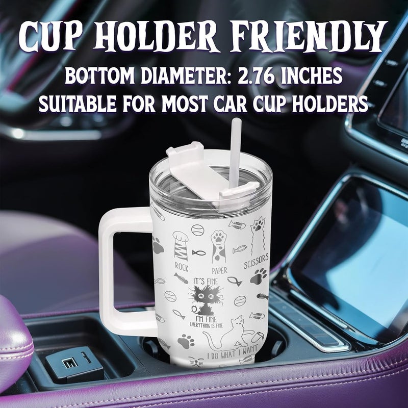 34HD Funny Black Cat Tumbler with Handle and Straw, 40oz Double Wall Vacuum Insulated Kitty Mug, Pet Gifts for Women Men, Cat Lover Gifts for Birthday Mothers Day Halloween Christmas - Image 5