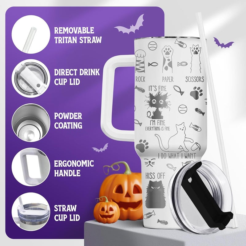 34HD Funny Black Cat Tumbler with Handle and Straw, 40oz Double Wall Vacuum Insulated Kitty Mug, Pet Gifts for Women Men, Cat Lover Gifts for Birthday Mothers Day Halloween Christmas - Image 3