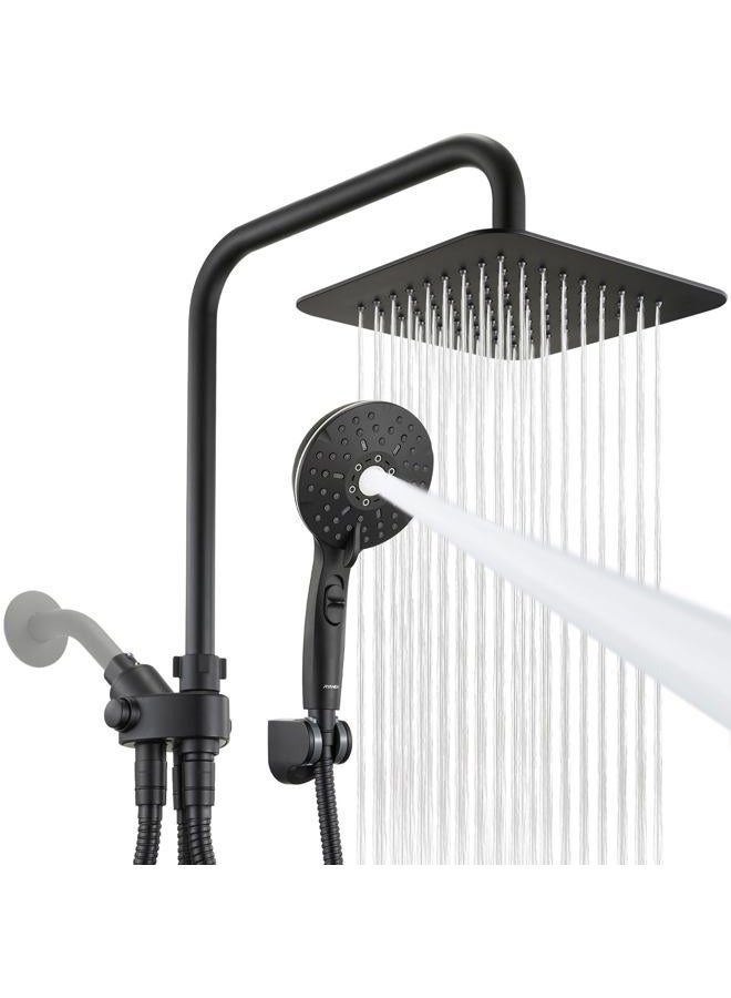 Ryamen Dual Shower Head Combo, Black 8'' High Pressure Rain/Rainfall Shower Head,5 Settings Adjustable Handheld Showers,with 15" Height Adjustable Slide Bar,Holder/59'‘ Hose - Image 1