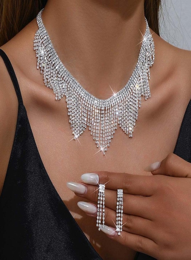 Unicra Rhinestone Bridal Wedding Jewelry Set Silver Crystal Necklace Earrings Sets Tassel Formal Prom Costume Jewelry for Women and Brides (Silver) - Image 3