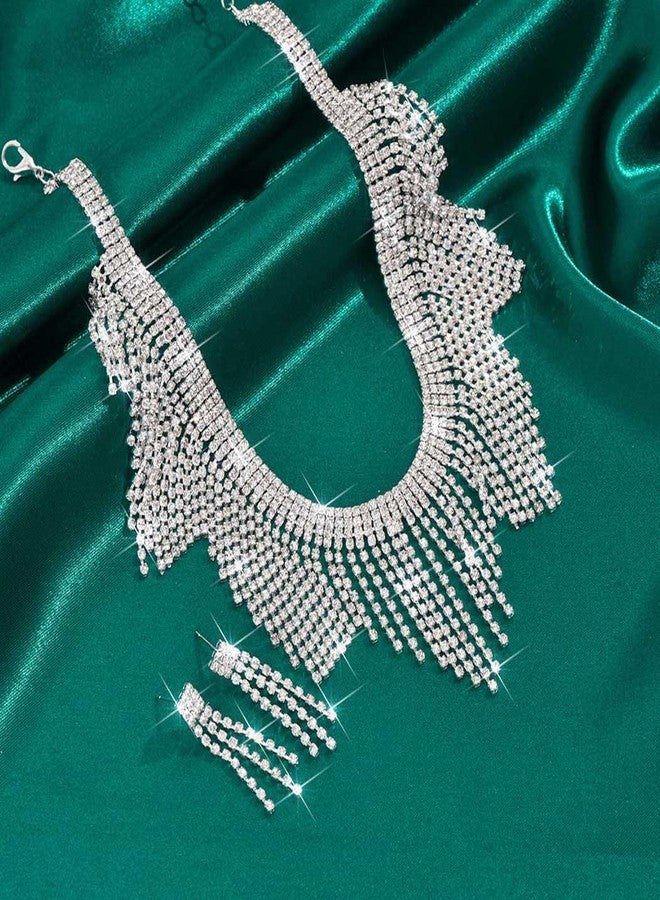 Unicra Rhinestone Bridal Wedding Jewelry Set Silver Crystal Necklace Earrings Sets Tassel Formal Prom Costume Jewelry for Women and Brides (Silver) - Image 4