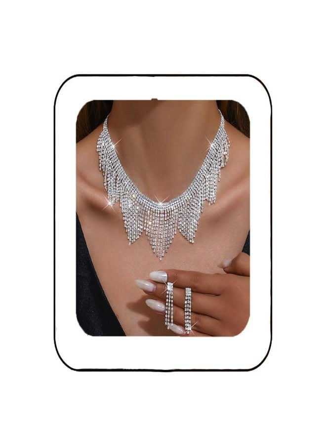 Unicra Rhinestone Bridal Wedding Jewelry Set Silver Crystal Necklace Earrings Sets Tassel Formal Prom Costume Jewelry for Women and Brides (Silver) - Image 1